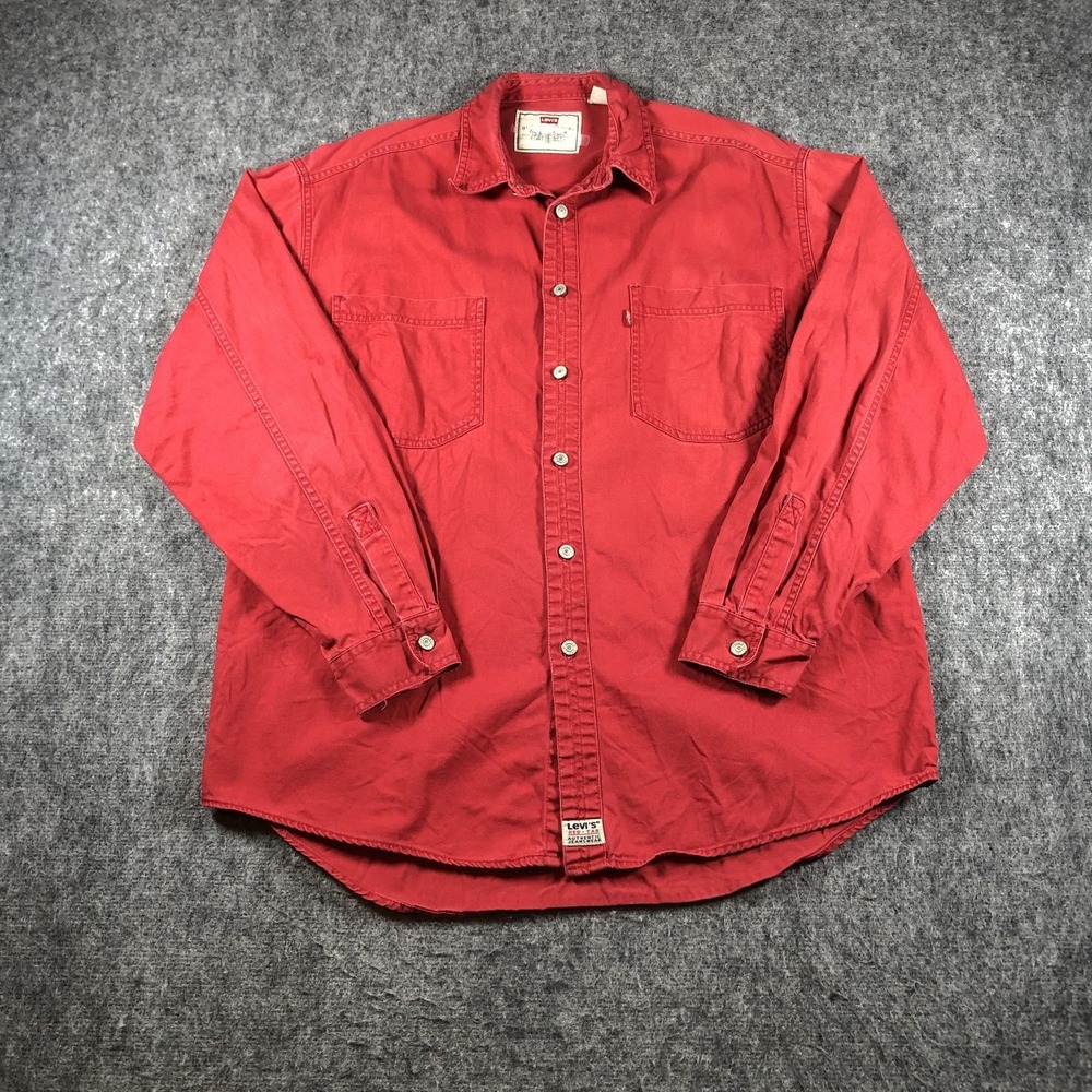 Vintage Levis Red Tab Shirt Mens L Red Twill Button Up 90s Hong Kong